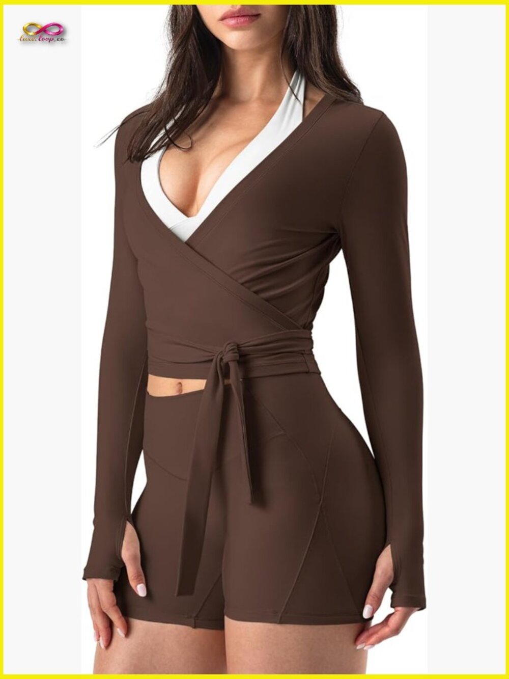 Long Sleeve Wrap Top Cropped Shrug Bolero Yoga Pilates Workout Thumbholes